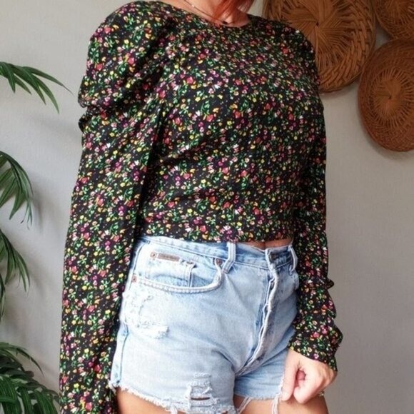 AFRM Top Garden Floral Blouse Puffed Drape Sleeve Black Viscose Zip, M - Picture 3 of 16